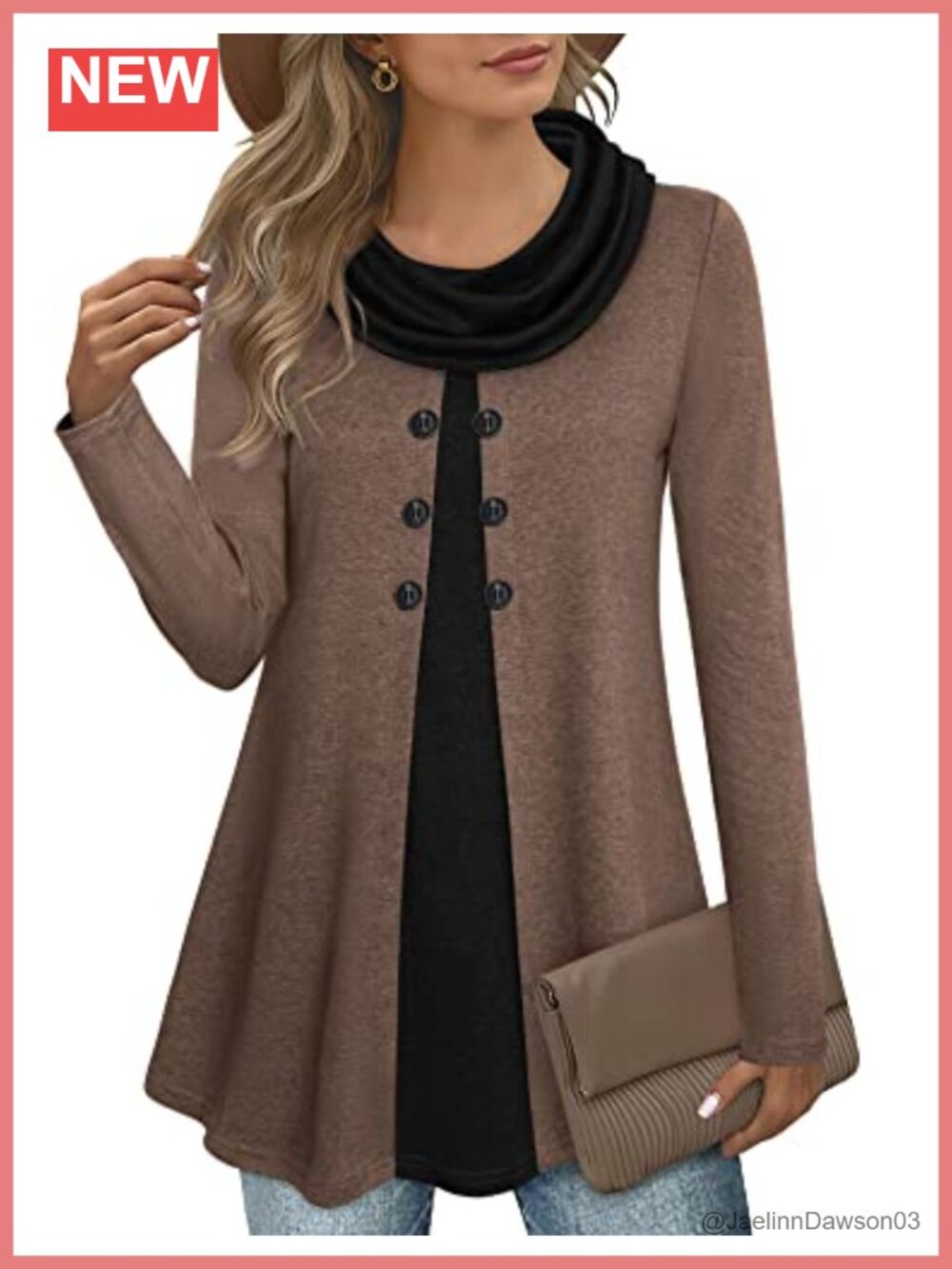 Womens Long Sleeve Cowl Neck Tunic Top Splicing Button A-Line Warm Fall Winter
